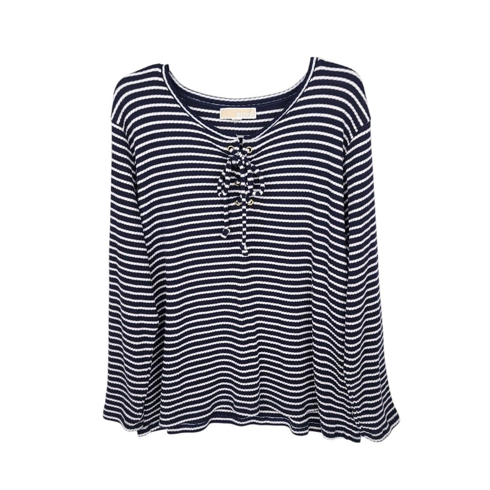 Michael Kors Shirt Womens 1X Striped Top Long Sleeve Tie Lace Up Neck